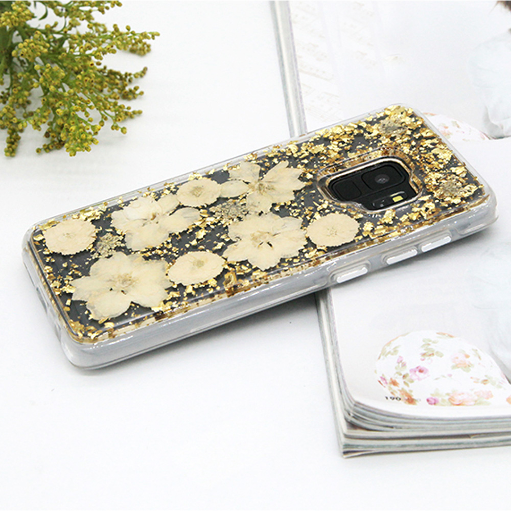 Galaxy S9 Luxury Glitter Dried Natural FLOWER Petal Clear Hybrid Case (Gold Yellow)